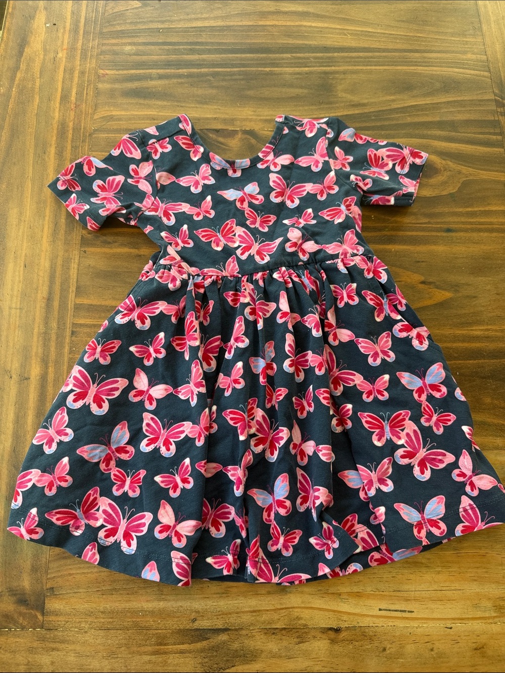 Ruffle Butts Navy Dress with Pink Butterfly Print